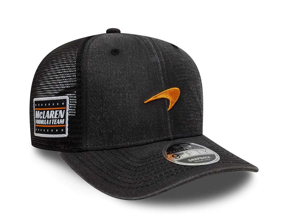 New Era McLaren Racing Black Washed 9Fifty Trucker Snapback Cap
