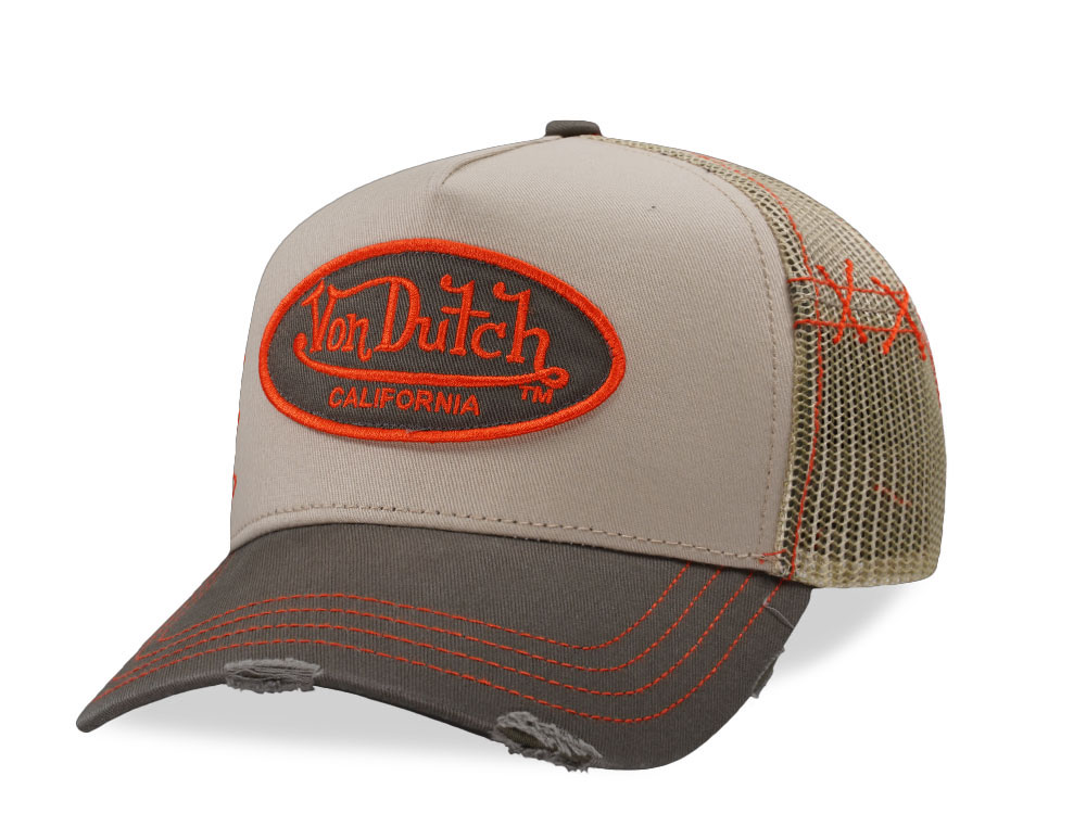 Von Dutch Distressed Oval Patch Beige Trucker Snapback Cap
