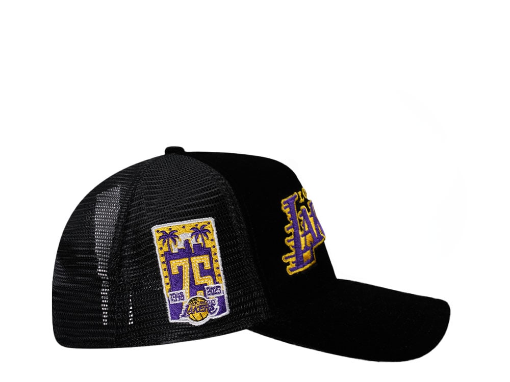 New Era Los Angeles Lakers 75th Anniversary Black Velvet 9Forty A Frame Trucker Snapback Cap